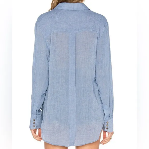 Free People Thats a Wrap Shirt in Chambray Combo Blue - Image 4