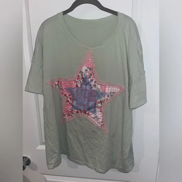 Layered Fabric Star Patchwork MintGreen Oversized T Shirt Y2K Indie Americana XL - Image 14
