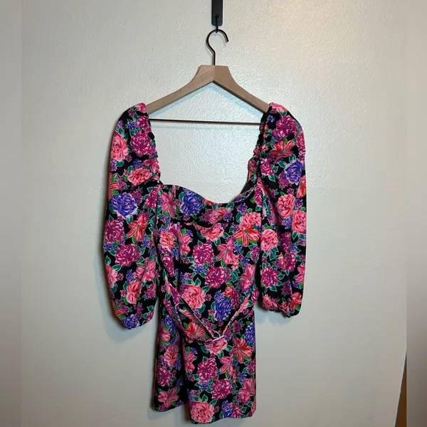 ZARA | BLOGGER FAVE Floral Print Belted‎ Puff Sleeve Square Neck Mini Dress - Image 3