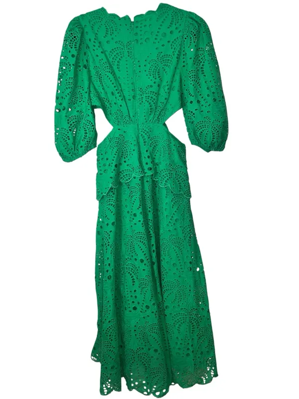 FARM Rio Green Richelieu Cutwork Midi Dress Bright Green Eyelet Cotton Sz M NWT - Image 4
