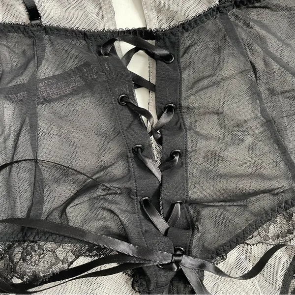 Victorias Secret Body Suit Nighty Thong Lace Plunge Neck Corset Lace Up Black - Image 8