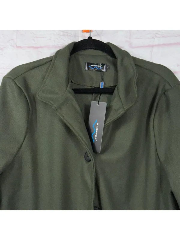 Women’s Olive Green Long Fleece Coat Jacket Size Large Button Front - Image 2