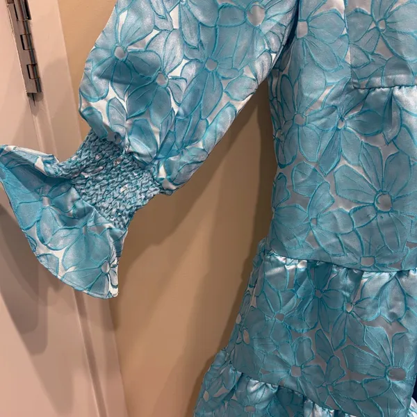 Pomander Place Blue Floral Jacquard Kenzo Tiered Mini Babydoll Dress‎ Medium NEW - Image 7