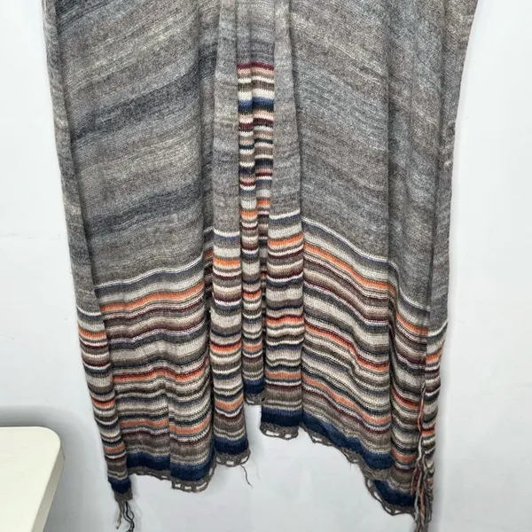 Free People Latitude 30 Wrap Poncho Shawl Rainbow Gray Fringe Sweater Stripe‎ - Image 6