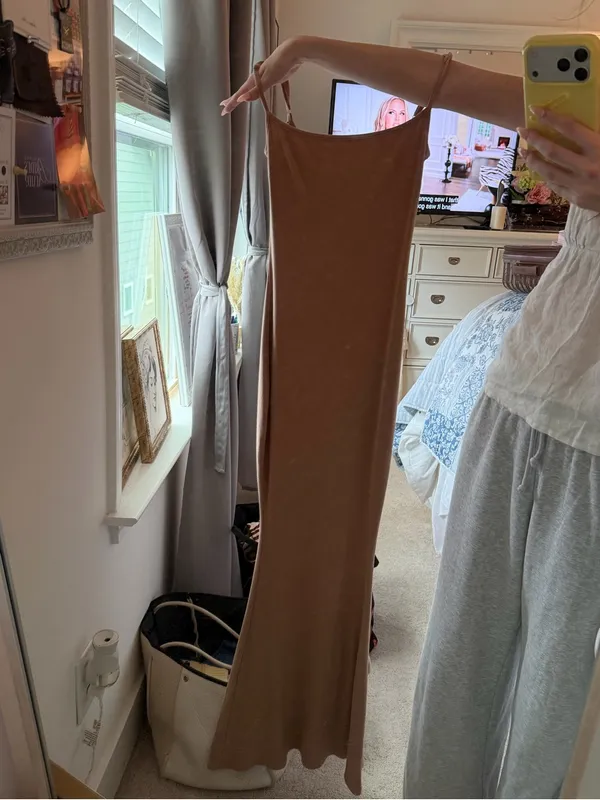 Edikted Ribbed Tan Maxi Slip Dress XS - Image 6
