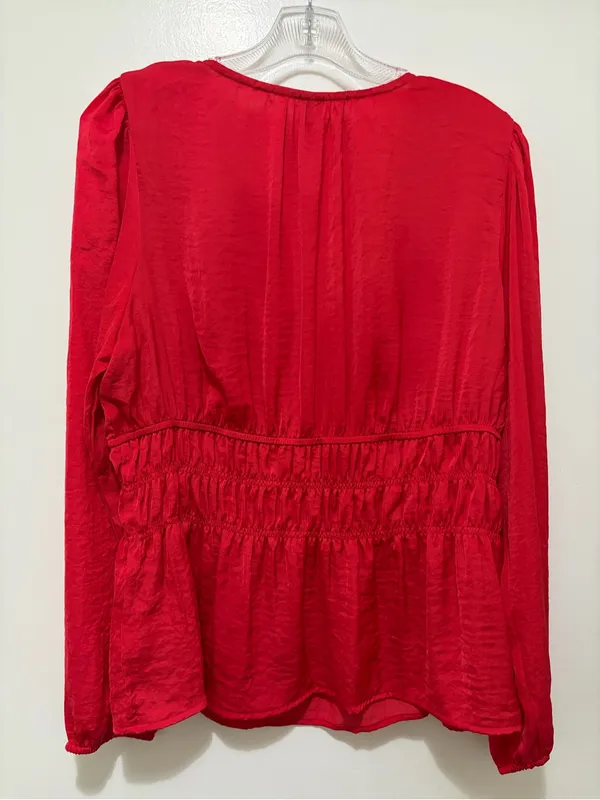 Anthropologie Dolan Red Satin V-Neck Smocked Waist Peplum Blouse Medium - Image 4