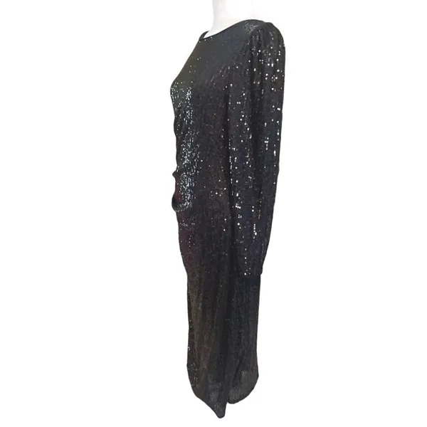Nanette‎ Lepore Sequin Dress Womens 8 Black NEW Long Sleeve Ruched Midi Sheath - Image 11