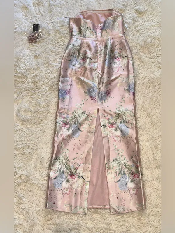 NEW Alfred Sung Jacqueline ESME Floral Pink Strapless Satin Twill Column Gown 8 - Image 6
