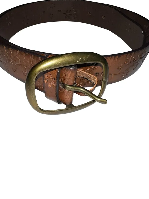 Brow leather belt with dye cut flower design and brass color buckle . - Image 2