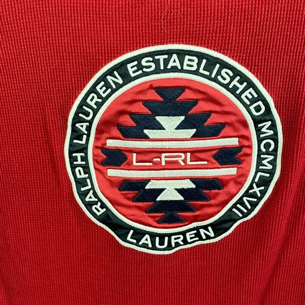 Ralph Lauren Red & Black Ribbed Zip Neck Long Sleeve Logo Patch Top L - Image 5