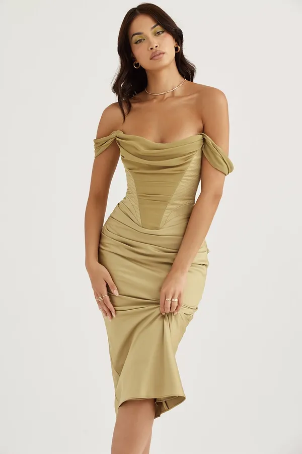 NWOT House of CB Natalya Off The Shoulder Satin Midi Dress. Size XL - Image 4