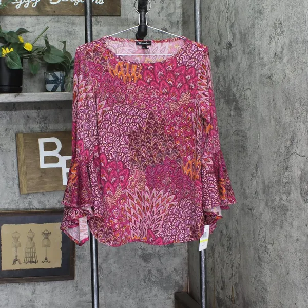 NWT Prelude Womens Knit Bell-Sleeve Top Pink Peacock M - Image 5