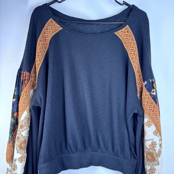 Free People Black Waffle Knit Mixed Print Balloon Sleeve Pullover Top (M/L) - Image 3
