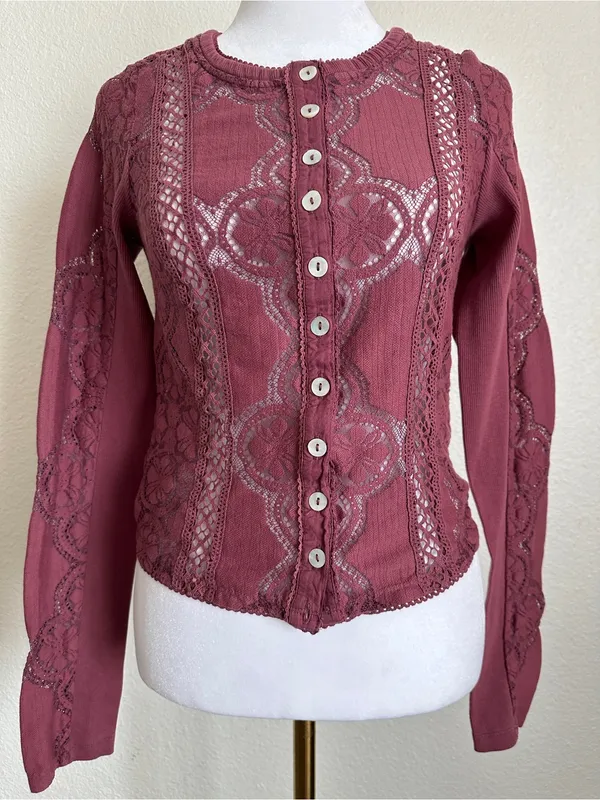 FREE PEOPLE Jae Knit Sheer Lace Long Sleeve Top Cardigan Cropped Y2K Boho XS - Image 8