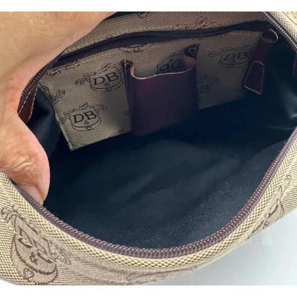 Dooney & Bourke Beige Signature Logo Canvas Shoulder Bag Brown Leather Strap - Image 9