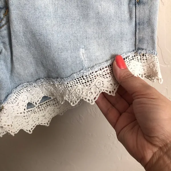 Free People Distressed Crochet‎ Denim Shorts - Image 9