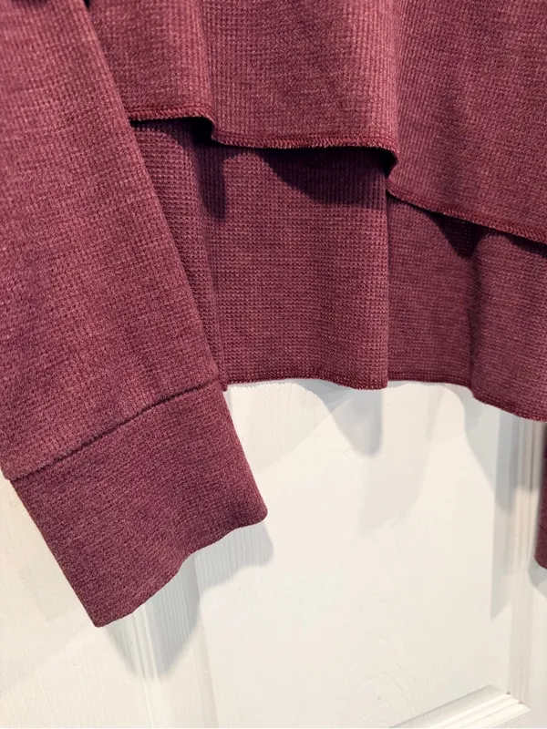 American Eagle Size M Burgundy Cowl Neck Hi Low Hem Long Sleeve Waffle Knit Top - Image 2