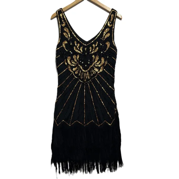 Babeyond Flapper Dress Black Gold Sequin Fringe Gatsby 1920s Costume Party‎ L - Image 2
