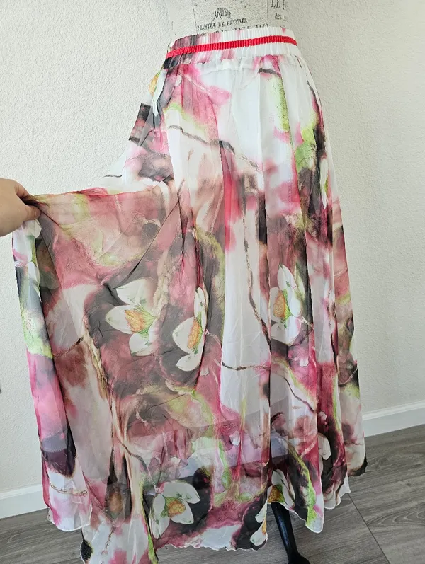 NWT Watercolor Floral Lotus Chiffon Maxi Skirt Size S Pink Green Sheer Layered - Image 3