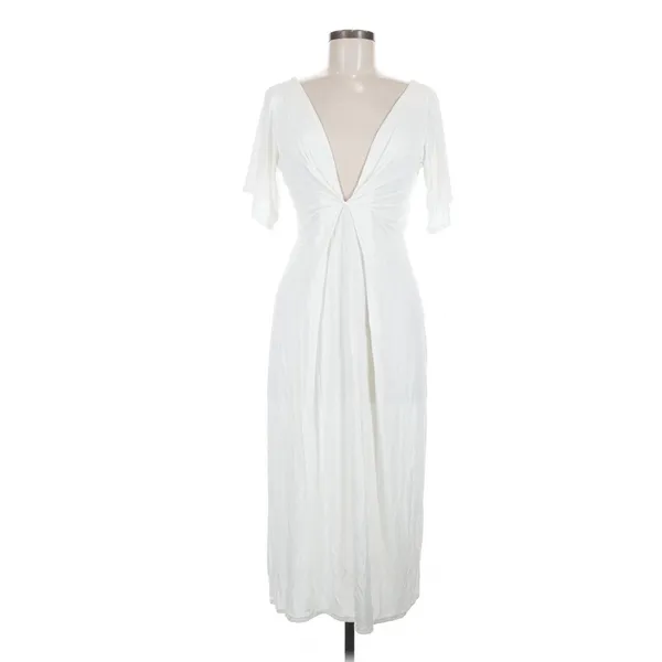Ten Tomorrow Ivory Kori Pleated Maxi Dress Deep V Neck XS Coastal Minimalist - Image 4