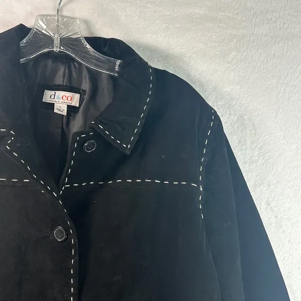 Denim & Co Black Suede Leather Whipstitch Button Front Jacket Coat Large L - Image 8