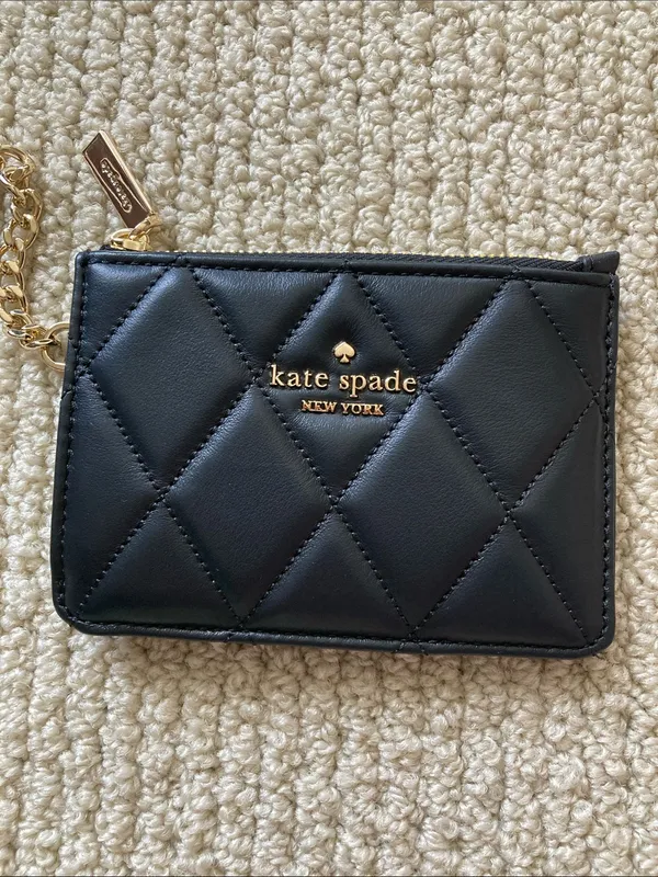 NEW Kate Spade Black Smooth Quilted Leather Card Holder Keychain Gold Hardware - Image 2