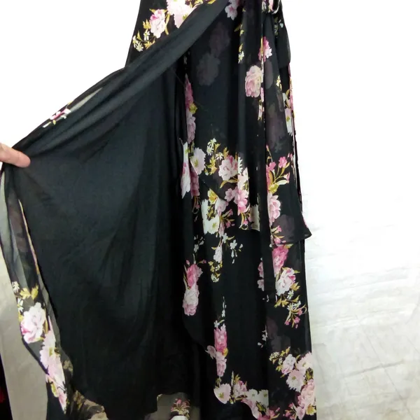 WAYF Palermo Wrap Dress Womens L Black Floral Chiffon High Low Maxi Romantic - Image 10