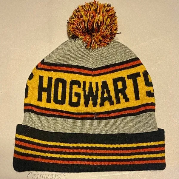 Harry Potter Hogwarts Crest Logo Spell Out Knit Cuff Pom Beanie Hat Cap - Image 4