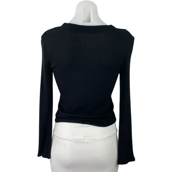 Reformation Virgil Black Ribbed Knit V Neck Long Sleeve Button Up Crop Top Sz M - Image 3