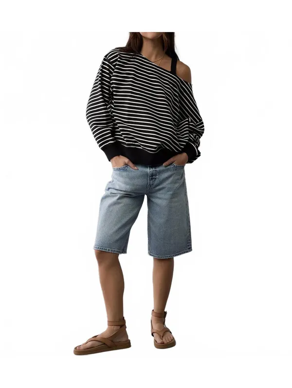 AE Off The Shoulder Sweatshirt American Eagle Black White Striped NWT Size Small - Image 6
