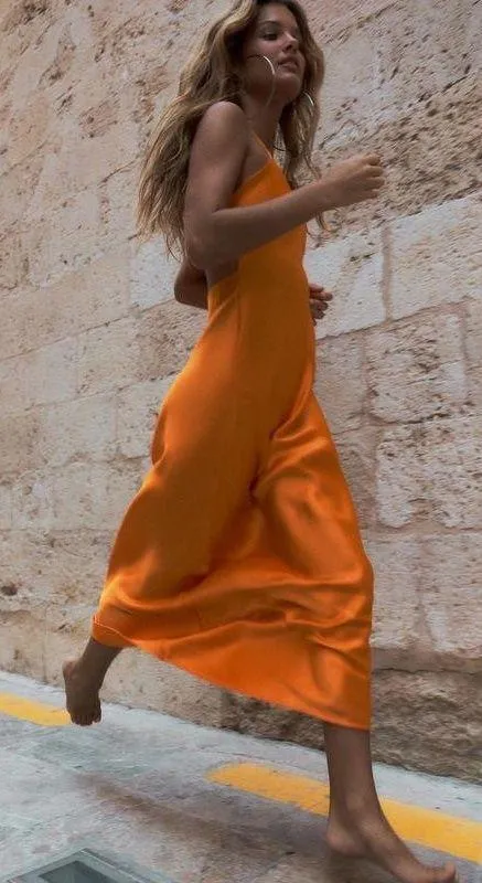 ZARA dress maxi midi hot orange satin effect wedding party cocktail - Image 6