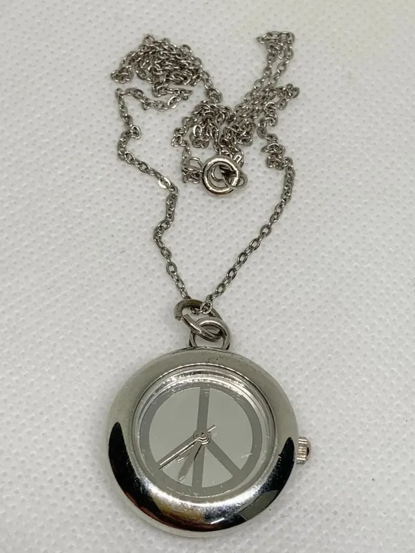 xhilaration peace sign pendant necklace pocket watch silver tone quartz running - Image 5