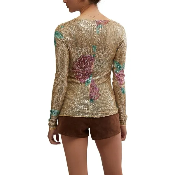 NWT Free People Intimately Gold Rush Champagne Combo Printed‎ Sequin Long Sleeve - Image 2