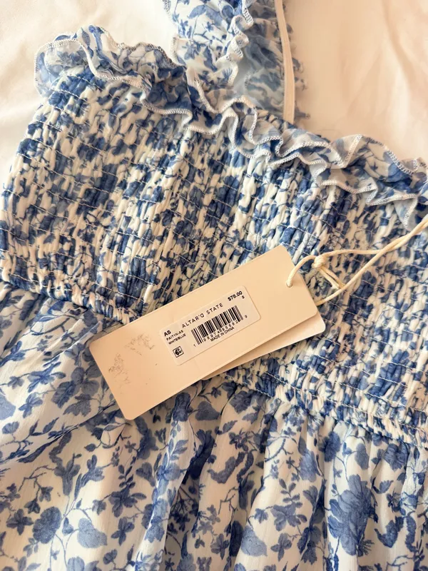 Altar’d State Paityn White And Blue Floral Smocked Tiered Mini Dress Size Small - Image 3