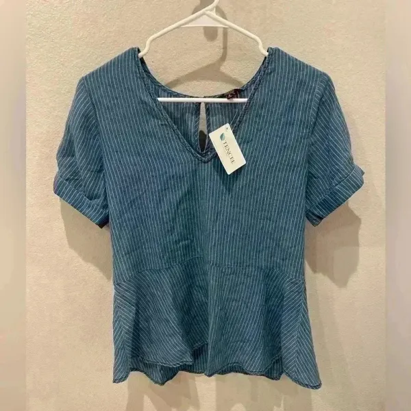 1250*C Women’s Denim Striped Shirt Short Sleeves‎ Size S - Image 3