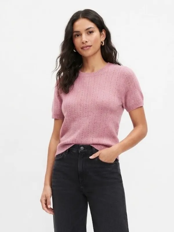 NWT Universal Thread Pink Pointelle Short Sleeve Knit Sweater Top Size L - Image 7