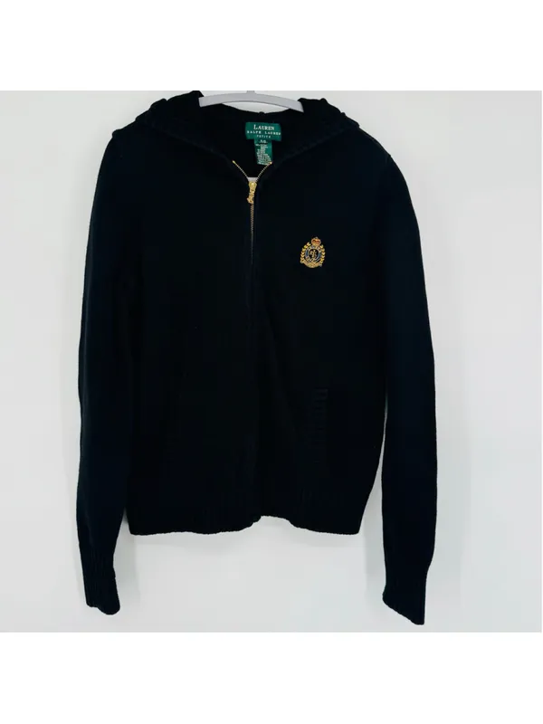 Vintage Lauren Ralph Lauren Black Knit Full Zip Hooded Sweater, Size M - Image 3