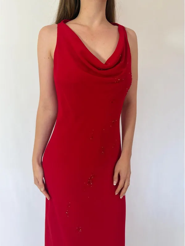 Jones New York Red Beaded Cowl Neck Formal Elegant Evening Dress - Image 4