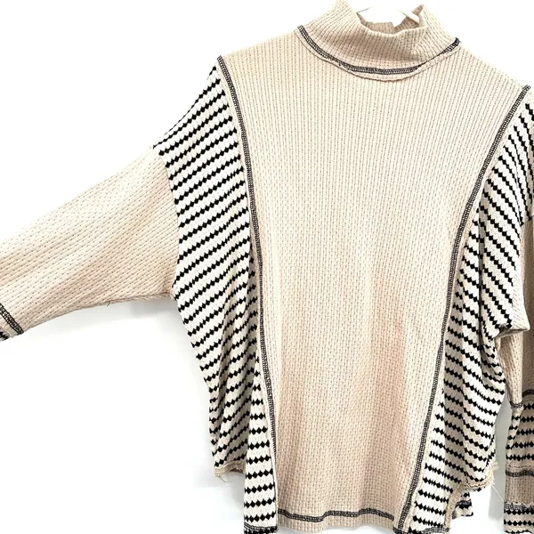 Miss Me Size‎ Small Sweater Cream Black Stripe Turtleneck Batwing Oversized Knit - Image 3