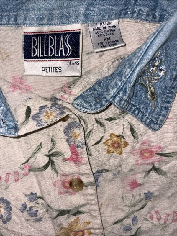 bill blass Floral Button-Down Shirt with Denim Collar - White, Blue, Pink - Image 2
