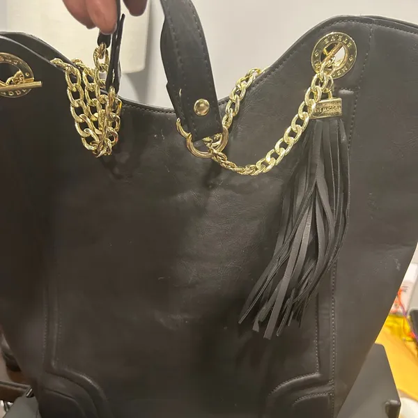 Black Faux Leather Tote Bag with Gold Accents - Image 4