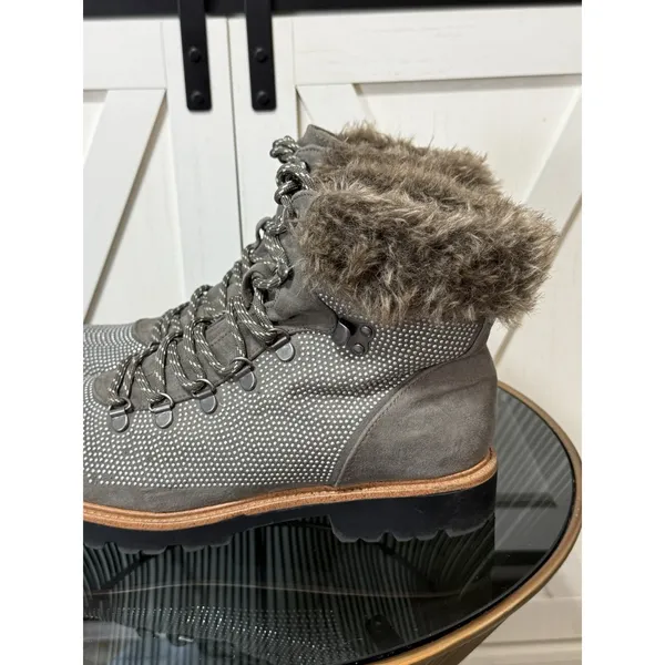 Report Women’s Size 10 Grey Combat Hiking Boots Faux Fur Collar Rhinestone Studs - Image 8