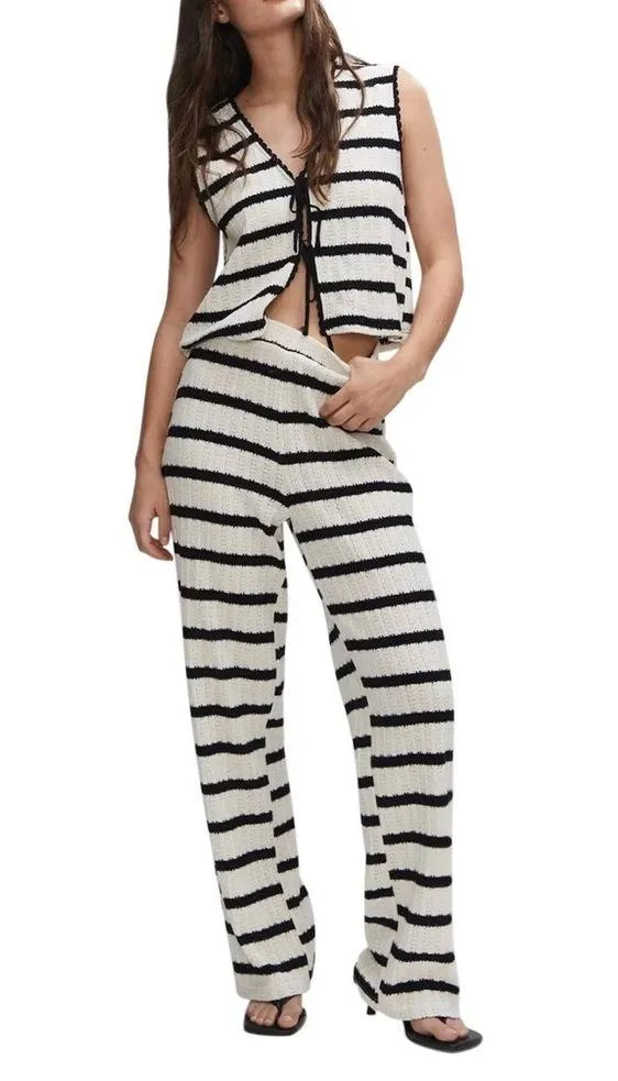 Mango knit set tie front top pants striped white black cream sleeveless long - Image 8