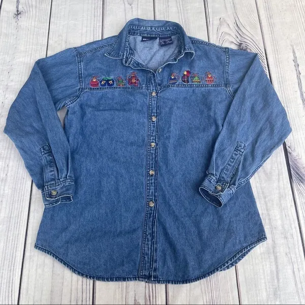 Solutions Denim Christmas Holiday Denim Button Up Shirt Embroidered‎ Small Ugly - Image 4