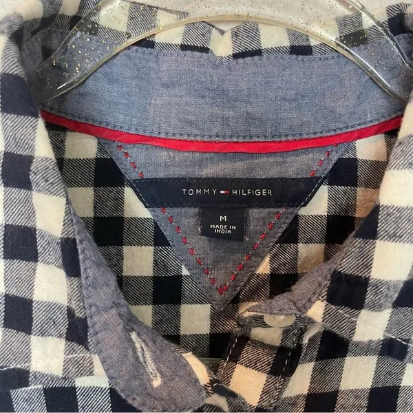 TOMMY HILFIGER Navy & Cream Gingham Button Down Collared Top Size M - Image 5