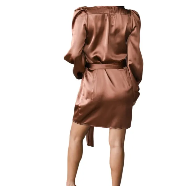 DRESS‎ FORUM Satin Bronze Brown Ruched Sleeve Wrap Mini Dress Sz S - Image 2