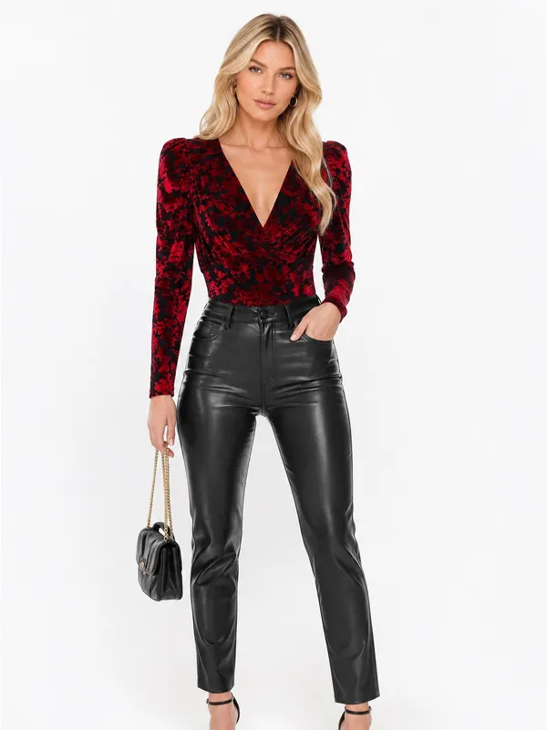Dear John Red Black Velvet Floral Puff Sleeve Bodysuit Size M - Image 3