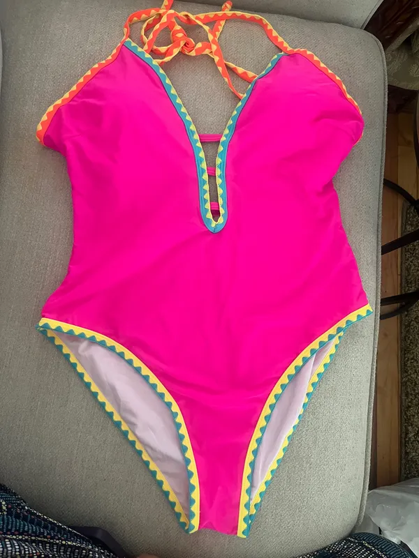 Popvil Women OnePiece Swimsuit Deep V Neck Neon Cute Bathing Suit Back Tie Swim Suits - Image 7