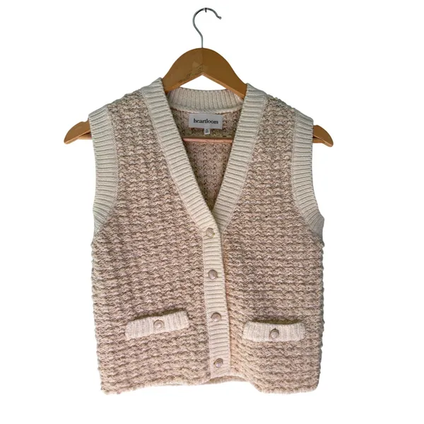 Heartloom Bouclé Sweater Vest Cream Ivory Pearl Button Front Pockets S - Image 2
