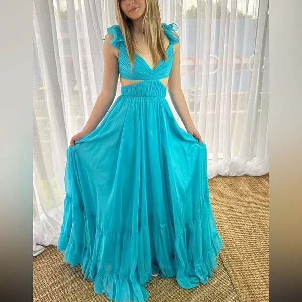 Mac Duggal 70254 Womens Blue Ruffled Shoulder Cut Out Lace Up Gown Dress - Image 4